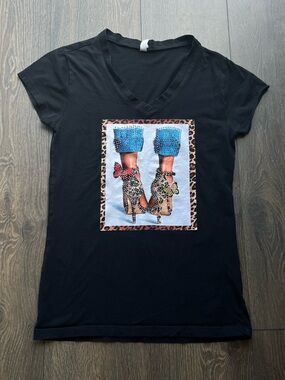 Reserved Leopard Print Heels Graphic V-Neck T-Shirt